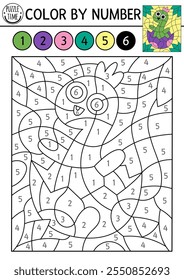 Vector dinosaur color by number activity with hatching brachiosaur, egg. Prehistoric landscape scene. Black and white counting game with ancient animal. Coloring page, mosaic painting for kids
