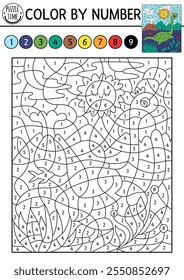 Vector dinosaur color by number activity with swimming plesiosaur. Prehistoric landscape scene. Black and white counting game with ancient animal. Coloring page, mosaic painting for kids
