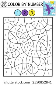 Vector dinosaur color by number activity with flying pterodactyl. Prehistoric landscape scene. Black and white counting game with ancient animal. Coloring page, mosaic painting for kids
