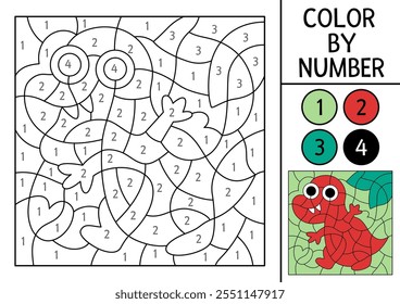 Vector dinosaur color by number activity with little baby tyrannosaur. Prehistoric landscape scene. Black and white counting game with ancient animal. Coloring page, mosaic painting for kids
