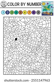 Vector dinosaur color by number activity with flying pterodactyl. Prehistoric landscape scene. Black and white counting game with ancient animal. Coloring page, mosaic painting for kids
