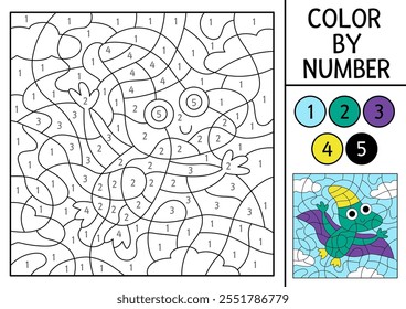 Vector dinosaur color by number activity with little baby pterosaur. Prehistoric landscape scene. Black and white counting game with ancient animal. Coloring page, mosaic painting for kids
