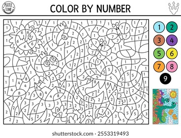 Vector dinosaur color by number activity with brachiosaurus, hatching kid. Prehistoric landscape scene. Black and white counting game with ancient animal. Coloring page, mosaic painting for kids