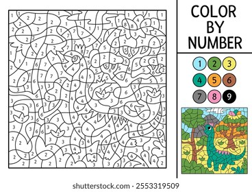 Vector dinosaur color by number activity with brachiosaurus eating leaves. Prehistoric landscape scene. Black and white counting game with ancient animal. Coloring page, mosaic painting for kids