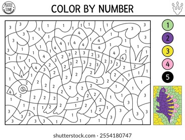 Vector dinosaur color by number activity with stegosaurus. Prehistoric landscape scene. Black and white counting game with ancient animal. Coloring page, mosaic painting for kids