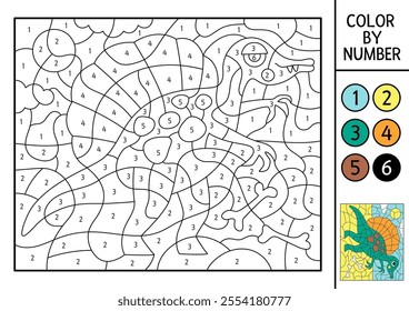 Vector dinosaur color by number activity with Spinosaurus in the desert. Prehistoric landscape scene. Black and white counting game with ancient animal. Coloring page, mosaic painting for kids