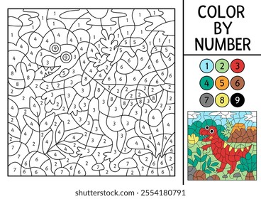 Vector dinosaur color by number activity with tyrannosaurus, volcano. Prehistoric landscape scene. Black and white counting game with ancient animal. Coloring page, mosaic painting for kids