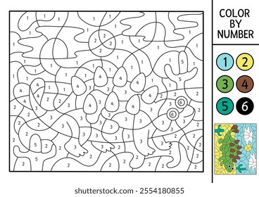 Vector dinosaur color by number activity with brontosaurus in the desert. Prehistoric landscape scene. Black and white counting game with ancient animal. Coloring page, mosaic painting for kids