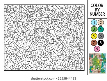 Vector dinosaur color by number activity with triceratops, eggs and palm trees. Prehistoric landscape scene. Black and white counting game with ancient animal. Coloring page, mosaic painting for kids