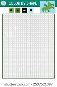 Vector dinosaur color by shape activity with square pixel grid. Prehistoric black and white counting or coloring game. Simple coloring page for kids with ancient animal
