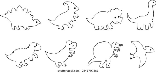 Contornos de dinossauro vetorial definidos. Coleção de ícones de animais pré-históricos bonitos. Dino ilustrações linha preta e branca com Pterodactyl, Stegosaurus, Tyrannosaurus, Triceratops, T-Rex para crianças