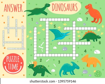 Vector dinosaur crossword. Bright and colorful quiz for children. Puzzle activity with Pterodactyl, Stegosaurus, Tyrannosaurus, Parasaurolophus, Triceratops, Protoceratops, Diplodocus, T-Rex.
