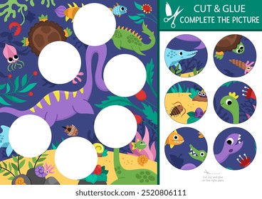 Vector dinosaur cut and glue activity. Prehistoric crafting game with cute ancient animals and ocean dino landscape. Fill up the scene with round sticker. Find right piece of puzzle. Complete picture
