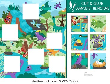 Vector dinosaur cut and glue activity. Prehistoric crafting game with cute ancient animals and dino land landscape. Fill up the scene with square sticker. Find right piece of puzzle. Complete picture