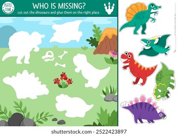 Vector dinosaur cut and glue activity. Crafting game with prehistoric world landscape. Printable worksheet. Find right piece of puzzle. Complete picture with T-rex, stegosaur, triceratops
