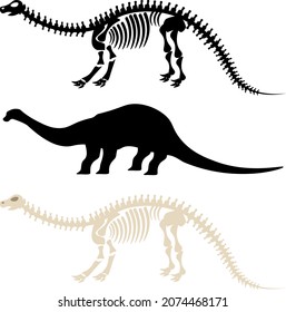 Vector dinosaur diplodocus on a white background. A set of silhouette and skeletons.