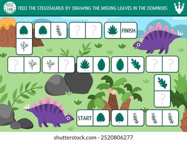 Quebra-cabeça de dominó de dinossauro vetorial para crianças com imagens. Teste simples de reconhecimento de forma pré-histórica. Labirinto, desenho, correspondência e atividade lógica com estegossauro e folhas. Desenhar objetos ausentes
