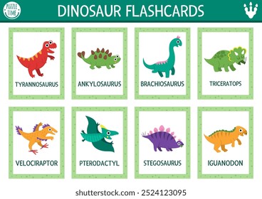 Vector dinosaur flash cards set with t-rex, triceratops, pterosaur. English language game with ancient animals for kids. Prehistoric flashcards. Educational printable worksheet with cute dino