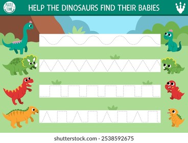 Vector dinosaur handwriting practice worksheet. Prehistoric printable drawing activity for preschool children with ancient animals and their babies. Tracing game for writing skills
