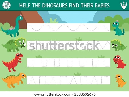 Vector dinosaur handwriting practice worksheet. Prehistoric printable drawing activity for preschool children with ancient animals and their babies. Tracing game for writing skills
