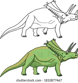 vector dinosaur hasmosaurus. contour for coloring. and a colored dinosaur for children's design.