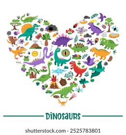 Quadro em forma de coração de dinossauro vetor com Pterodactil, Stegosaurus, Tyrannosaurus, Triceratops, T-Rex. Projeto de modelo pré-histórico de cartão animal para banner, convite. Elementos de festa de dino para crianças 
