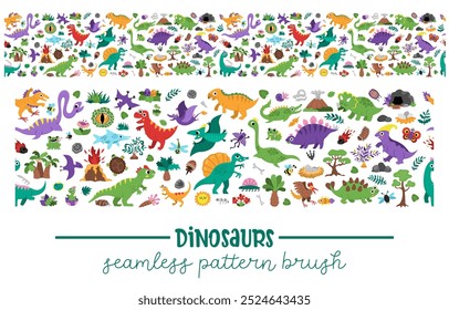 Vetor dinossauro horizontal escova de borda sem emenda com Pterodactyl, Stegosaurus, Tyrannosaurus, Triceratops, T-Rex. Fundo de repetição animal pré-histórico para design de quadro, banner, convite
