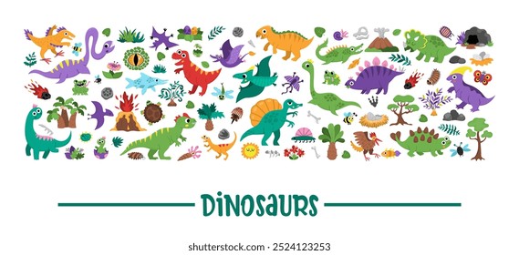 Dinossauro vetorial conjunto horizontal com Pterodactil, Stegosaurus, Tyrannosaurus, Triceratops, T-Rex. Modelo pré-histórico de cartão animal ou design de quadro para banner, convite. Elementos do partido dino
