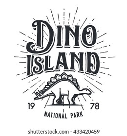 Vector dinosaur island logo concept. Stegosaurus national park insignia design. Jurassic period illustration. Dino Vintage T-shirt badge on white background.