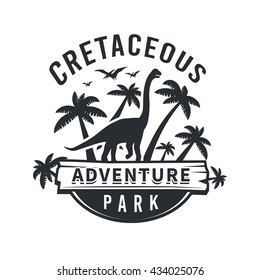 Vector Dinosaur Logo Concept. Brachiosaurus Adventure Park Insignia Design. Jurassic Period Illustration. Dino Vintage T-shirt Badge On White Background