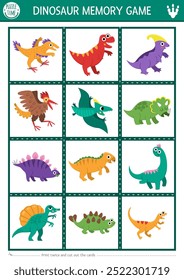 Vektor-Dinosaurier-Memory-Spielkarten mit niedlichen T-Rex, Velociraptor, Pterosaurier, Triceratops. Prähistorische Übereinstimmungsaktivität. Denken Sie daran und finden Sie die richtige Karte. Einfaches druckbares Arbeitsblatt für Kinder