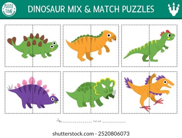 Vektor-Dinosaurier-Mix und Match-Puzzle mit niedlichen alten Tieren. Passende prähistorische Aktivität für Vorschulkinder. Pädagogisches druckbares Spiel mit Stegosaurier, Triceratops, Velociraptor
