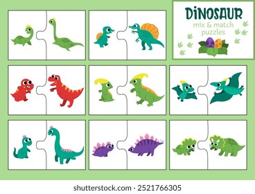 Dinossauro vetor misture e combine quebra-cabeças com animais antigos bonitos e seus bebês. Combinando atividade pré-histórica para crianças pré-escolares. Jogo de dia de mãe imprimível educacional com tiranossauro, tricerátops