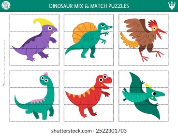 Dinossauro vetor mistura e combina quebra-cabeça com animais antigos bonitos. Combinando atividade pré-histórica para crianças pré-escolares. Jogo de impressão educacional com tiranossauro, pterossauro, braquiossauro