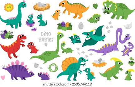 Vector dinosaur moms and babies set. Cute prehistoric animal icons collection. Dino mother and child illustrations. Parents and kids dinos with eggs, nest. Cute mothers day picture