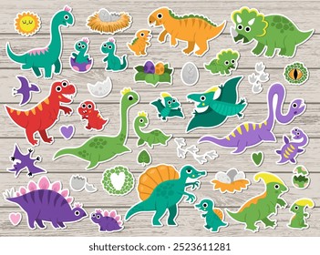 Vector dinosaur moms and babies sticker pack. Cute prehistoric animal icons collection. Dino mother and child illustrations. Parents and kids dinos with eggs, nest. Cute mothers day patches set
