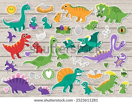 Vector dinosaur moms and babies sticker pack. Cute prehistoric animal icons collection. Dino mother and child illustrations. Parents and kids dinos with eggs, nest. Cute mothers day patches set
