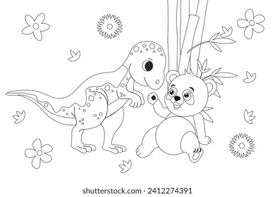 Vector dinosaur and panda coloring page for kids with cute Elements. Black and white illustration with Flower