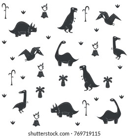 Vector dinosaur pattern. Dino seamless prehistoric plants white background