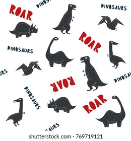 Vector dinosaur pattern. Dino seamless with text roar white background