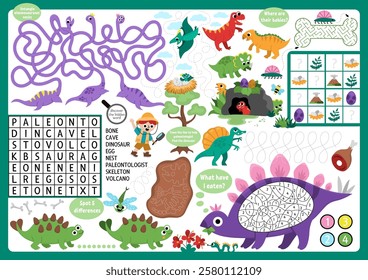 Vector dinosaur placemat for children. Prehistoric printable activity mat with maze, word search puzzle, shadow match, find difference. Ancient animals play mat, menu, kids magazine spreadsheet