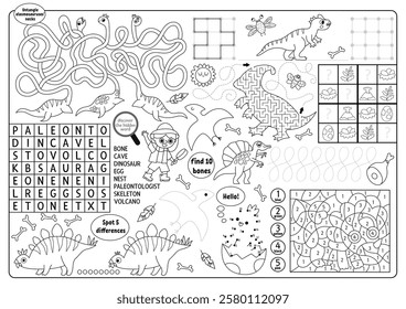 Vector dinosaur placemat for kids. Prehistoric printable activity mat with maze, tic tac toe charts, connect the dots, find difference. Ancient animals black and white play mat or coloring page