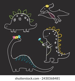 Vector dinosaur print. Artwork features a variety of white outlined dinosaurs with colourful flowers and accents on a black background. Simple design. Apparel graphic artwork.