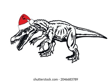 Vector dinosaur in red Santa Claus hat on white background,Christmas element for design and decoration