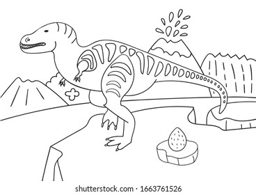 Vector. Dinosaur - Rex tyrannosaurus funny, protecting the egg, carnivores. In the background a volcano and mountains. For children's сoloring pages, book. Outline isolated on white background.