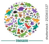 Vector dinosaur round frame with Pterodactyl, Stegosaurus, Tyrannosaurus, Triceratops, T-Rex. Prehistoric animal card template design for banner, invitation. Dino party elements for kids 
