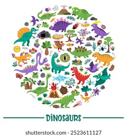 Moldura redonda de dinossauro vetorial com Pterodactil, Stegosaurus, Tyrannosaurus, Triceratops, T-Rex. Projeto de modelo pré-histórico de cartão animal para banner, convite. Elementos de festa de dino para crianças 
