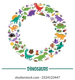 Moldura de coroa redonda de dinossauro vetor com Pterodactil, Stegosaurus, Tyrannosaurus, Triceratops, T-Rex. Projeto de modelo pré-histórico de cartão animal para banner, convite. Elementos de festa de dino para crianças 
