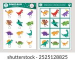 Vector dinosaur scavenger hunt cards set. Seek and find game with cute Pterodactyl, Stegosaurus, Triceratops, T-Rex for kids. Prehistoric searching activity. Educational printable worksheet
