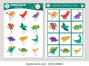 Vector dinosaur scavenger hunt cards set. Seek and find game with cute Pterodactyl, Stegosaurus, Triceratops, T-Rex for kids. Prehistoric searching activity. Educational printable worksheet
